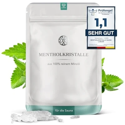 Abbildung von LoWell® 100g Mentholkristalle aus 100% reiner Minze Ideal als Sauna Aufgussmittel für die in wiederverschließbarer Beutel Menthol