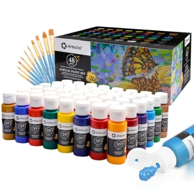 Abbildung von Artecho Acrylfarben Set 48 x 59ml mit 10 teiligem Pinsel, Wasserfest und Lichtecht, Ungiftig, Acrylic Paint Set, Ideal für Leinwand, Papier Stoffe, Geeignet Anfänger Profis