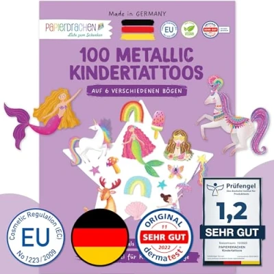 Abbildung von PAPIERDRACHEN Kindertattoo 100 Metallic Tattoos zum Aufkleben Hautfreundliche Kindertattoos