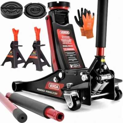 Abbildung von Wagenheber 3T 80 465mm + 2X Gummi Montagehandschuhe Unterstellbock Auto Heber Rangierwagenheber Tief Doppelkolben SN8465 (Wagenheber Unterstellbock)