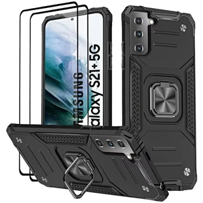 Abbildung von KANSi Hülle für Samsung Galaxy S21 Plus 5G, Schutzfolie [2 Stück] Silikon TPU Hart PC Handy Hüllen 360 Grad Drehbar Ringhalter Bumper Stoßdämpfung Schutzhülle Schwarz