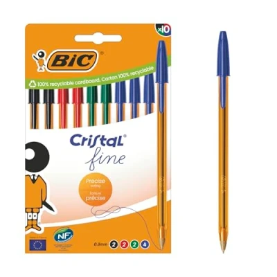 Abbildung von BIC Cristal Original Fine Kugelschreiber mit feiner Spitze (0,8 mm) durchsichtigem orangefarbenem Schaft verschiedene Tintenfarben, Kartonschachtel à 10