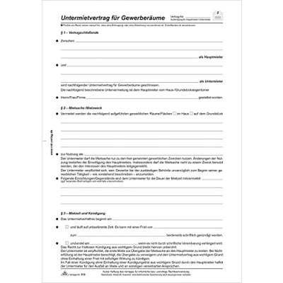 Abbildung von RNKVERLAG 519 Untermietvertrag für Gewerberäume und flächen, 4 Seiten, gefalzt auf DIN A4, 10 Stück