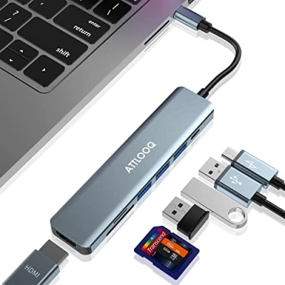 Abbildung von USB C Hub, ATTLOOQ 7 in 1 Adapter, MacBook Adapter mit 4K HDMI Ausgang, x 3.0 und 2 2.0, 87 W PD, SD/TF Kartenleser, für MacBook, iPad Pro, Surface Pro andere Typen Geräte…
