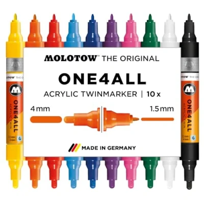 Abbildung von Molotow One4All Acrylic Twin Marker Basic Set 1 (1,5 und 4,0 mm Strichstärke, hochdeckend permanent, schnell trocknend, nachfüllbar, für fast alle Untergründe) 10 Stück sortiert
