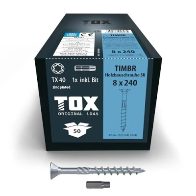 Abbildung von TOX Holzbauschrauben TIMBR SK 8,0 x 240 mm, blau verzinkt mit Senkkopf, TX40, Schrauben für leichtes Eindrehen und bündige Montagen im Holzbau, 50 Stück Karton, inkl. 1x Bit, 1120404180240