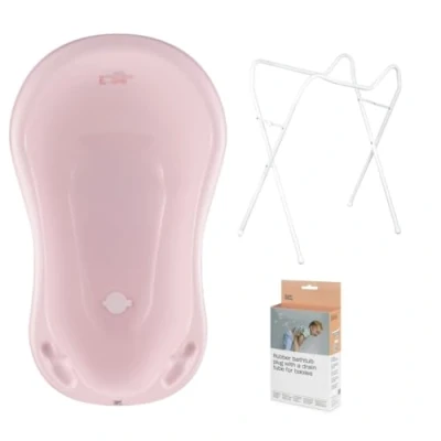 Abbildung von Hylat Baby Babybadewanne mit Gestell und Abfluss TÜV Rheinland zertifiziert ergonomisch komfortabel für Neugeborene Babys Lite Kollektion Farbe: Rosa, Motiv: Friends