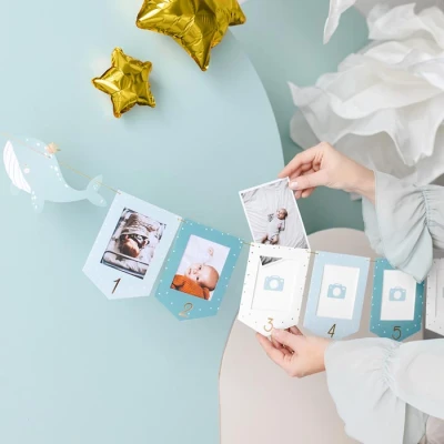 Abbildung von partydeco Girlande, Fotogirlande Banner aus Papier Wal 15x300cm blau gold