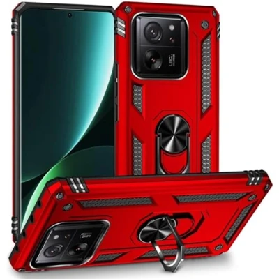 Abbildung von Verco Hybrid Armor Shield Case für Xiaomi 13T / Pro Hülle, extrem robust mit Magnet Fingerring Halter Handyhülle Panzerhülle, Rot