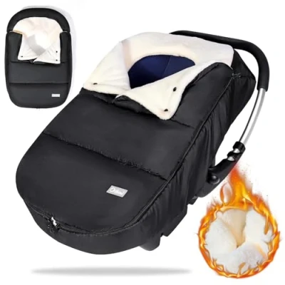 Abbildung von Orzbow Fußsack Babyschale Winter,Universell Einschlagdecke Winter mit Verstellbarem Kragen,Warmes Korallenvlies Futter, Reißverschluss,passend für Maxi Cosi,Cybex,Römer usm. (Schwarz)