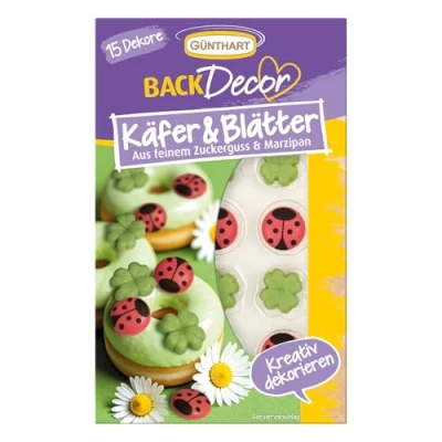 Abbildung von Günthart BackDecor 15 Stück Zuckerdekore Käfer und Kleeblätter aus Zucker Marzipan, essbar, 1er Set (12 gr)