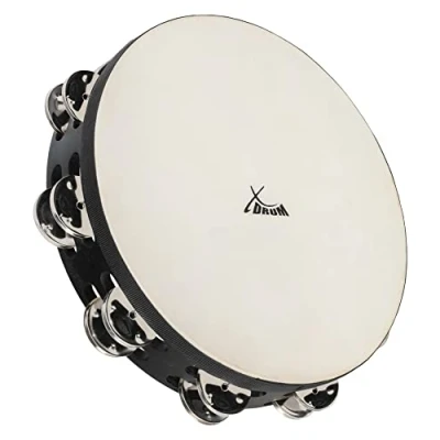 Abbildung von XDrum TMF10 BK 10&quot; Tambourin mit Fell großes Tamburin 16 Paar Edelstahlschellen Doppelreihig Selektiertes Naturfell Holzrahmen aus Ahorn Ergonomischer Griff Schwarz
