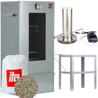 Abbildung von ITA Räucherofen 7000 Smoker Set mit Rauchgenerator, Tisch Räucherschrank Fenster &amp; Thermometer Legierter Stahl EU Qualität, Direkt vom Hersteller 81 cm 3 Etagen