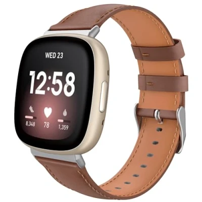 Abbildung von TiMOVO Leder Armband Kompatibel mit Fitbit Versa 4/Fitbit 3/Fitbit Sense 2/Sense Uhrenarmband, Genarbtes Echtes Klassisches Ersatzarmband für Damen und Herren, Braun