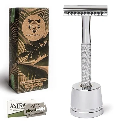 Abbildung von ANYMALE® Rasierhobel Silver Edition Set mit Ständer und 5 ASTRA Klingen Zero Waste Rasierer aus Metall