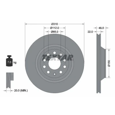 Abbildung von TEXTAR 92140700 Bremsscheibe 310 22 05/10 112 außenbelüftet ohne Radbefestigungsbolzen, Radnabe VOLKSWAGEN: Golf 7 Schrägheck, 5 Schrägheck