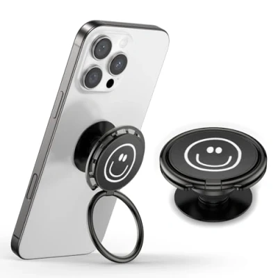 Abbildung von GlasFlength Popsocket Handy Ring Halterung, Pop Socket Fingerhalterung mit Ausziehbarer Sockel Griff 255 Handyring 360 Knopf zum Festhalten für phones und Hüllen (Schwarz Smiley Gesicht)