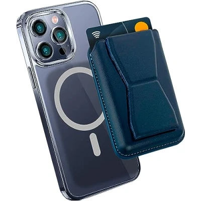 Abbildung von MyGadget Magnetische Magsafe Wallet Kunstleder mit Kartenfach und Kickstand aus kompatibel Apple iPhone 16 15 14 13 Series Dunkel Blau