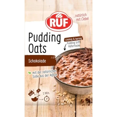 Abbildung von RUF Pudding Oats Schokolade, Haferflocke trifft mit Schokotropfen und Kakaonibs, ohne Zucker, nur Süße der Agave, 1 x 64g