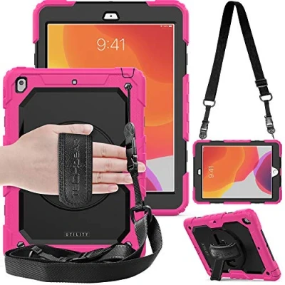 Abbildung von TECHGEAR Utility Hülle für iPad 10.2 2021/2020/2019 [9. 8. 7. Generation] Robust Heavy Duty Stoßfeste Schutzhülle mit 360 Grad Schwenkständer, Hand Schultergurt Eingebauter Displayschutz Rosa