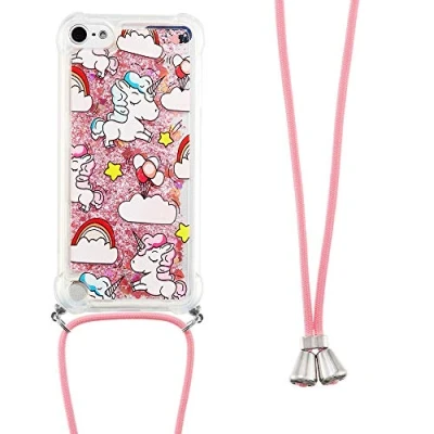 Abbildung von Handykette Handyhülle für iPod Touch 5/6 / 7 Hülle,Glitzer Quicksand kreatives Fließende Flüssigkeit schwimmt Silikon Case mit Umhängeband Handykordel Band Kette 5,YB GS Unicorn