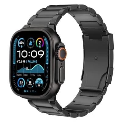 Abbildung von MoKo Titan Armband Kompatibel mit Apple Watch Ultra2 49mm 46mm 45mm 44mm 42mm,Metall Ersatzarmband Uhrenarmband Doppeldruckknopfschließe für iWatch Ultra SE2 SE Series 10 9 8 7 6 5 4 3 2 1,Schwarz