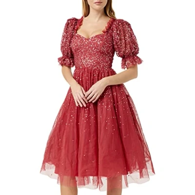 Abbildung von Maya Deluxe Damen Women&#039;s Dress for Women Midi Sequin Embellished Frilly Sweetheart Neckline Puffed Sleeves Weddin Kleid, Vermillion, 56 EU
