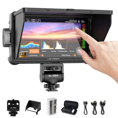 Abbildung von VILTROX DC 550 Pro Touchscreen Kamera Field Monitor 1200 Nits 5.5 Zoll 1920 x 1080 HD 4K HDMI EIN /Ausgang 3D LUT Peaking Focus Assist für DSLR Video mit Sonnenschutz Haube und Akku