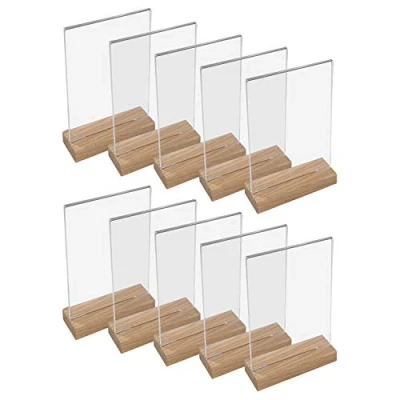 Abbildung von HMF 46944 Acryl Tischaufsteller mit Holzfuß 10 Stück DIN A4 Hochformat Glasklar