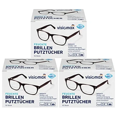 Abbildung von Brillen Putztücher Feucht und fettlösend für eine streifenfreie Reinigung 156 Stück 3er Pack (3 x 52 Stück) alle Brillengläser aus Glas Kunststoff