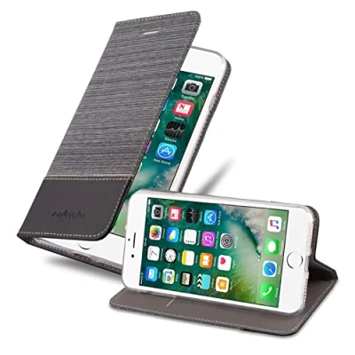 Abbildung von Cadorabo Hülle kompatibel mit Apple iPhone 7 Plus / 7S 8 aus Jeans und Kunst Leder Flip Klappbare Magnetische [Kartenfächern] Cover für Tasche in Grau