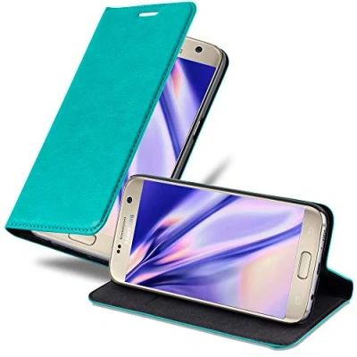 Abbildung von Cadorabo Hülle kompatibel mit Samsung Galaxy S7 aus Premium Kunst Leder Flip Klappbare Stoßfeste Magnetische [Standfunktion] [Kartenfächern] Cover für Tasche in Türkis