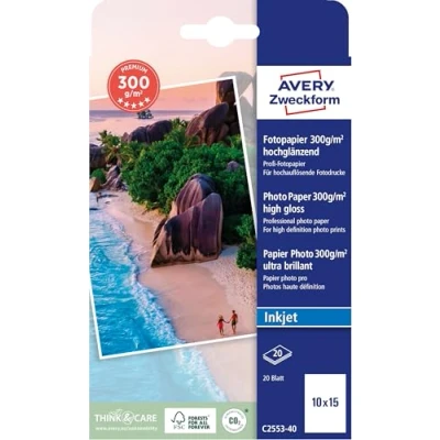 Abbildung von AVERY Zweckform C2553 40 Premium Inkjet Fotopapier (40 Blatt, 300 g/m², Format 10x15 mm, einseitig beschichtet, hochglänzend, für Fotodrucke in High Definition, Tintenstrahldrucker, sofort trocken)