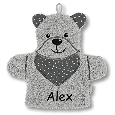Abbildung von Sterntaler Spiel Waschhandschuh Bär Baylee mit Namen bestickt, Waschlappen für Kinder &amp; Babys personalisiert, 24 cm (Grau)