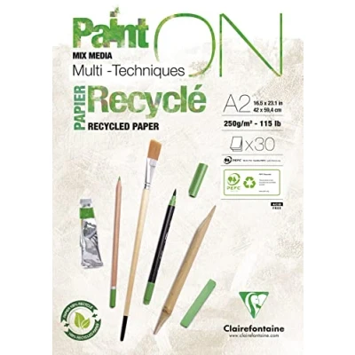 Abbildung von Clairefontaine 975743C Block Paint&#039;ON, geleimt, DIN A2, 30 Blatt Recycling Papier weiß 250g, perfekt für Trocken und Nasstechniken, 1 Stück