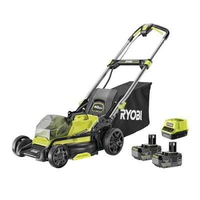 Abbildung von RYOBI 18 V ONE Brushless Akku Rasenmäher RY18LMX40C 240, 40 cm Schnittbreite, 7 stufige Schnitthöhenverstellung, inkl. 2 x 4,0 Ah und Ladegerät, Hyper Green