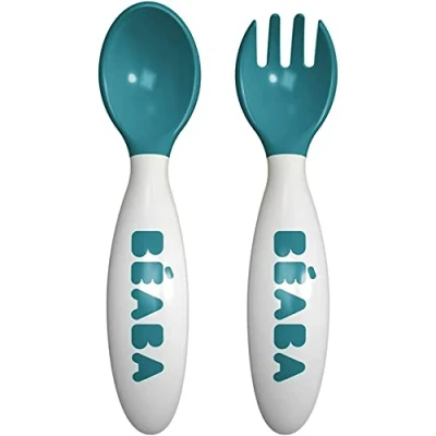 Abbildung von BÉABA 2er Set Lernbesteck Ergonomisch 2 Lebensjahr, Ab 8 Monaten Babyfreundlich Für Rechts und Linkshänder geeignet Inklusive Transportbox Blau