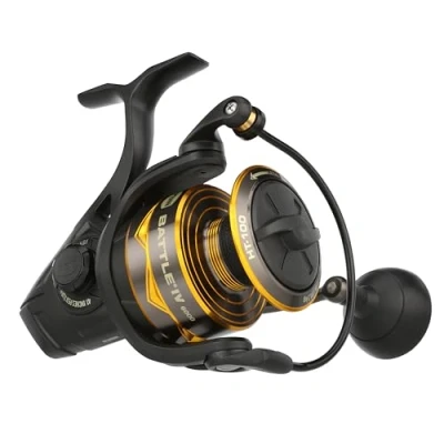Abbildung von PENN Battle® IV Spinnrolle, Salzwasser Angler, Angelköder und Köder, Barsch, Pollack, Dorsch, Makrele, Falsch, Aluminiumspule, robust, beidhändig verwendbar, 6000 Rolle, Größe 5,6:1, Schwarz, Gold