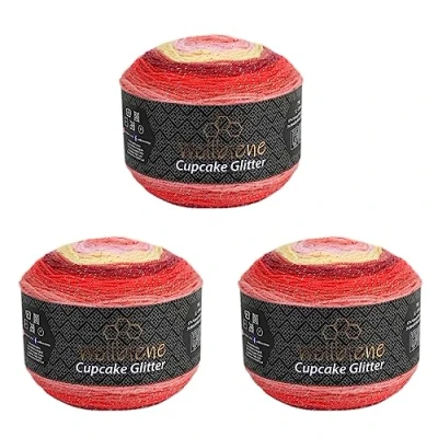 Abbildung von Cupcake Glitter Simli 3 x 150g Strickwolle 450 Gramm Wolle zum Stricken und Häkeln Babywolle türkische Farbverlaufswolle Glitzer (1910 rot gelb)