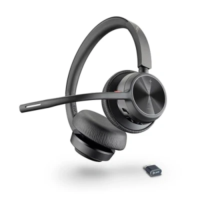 Abbildung von Poly Voyager 4320 UC schnurloses Headset, Stereo Kopfhörer mit Noise Cancelling Mikrofonarm, Verbindung PC/Mac/Mobiltelefon über Bluetooth, Kompatibel Teams (zertifiziert), Zoom und andere