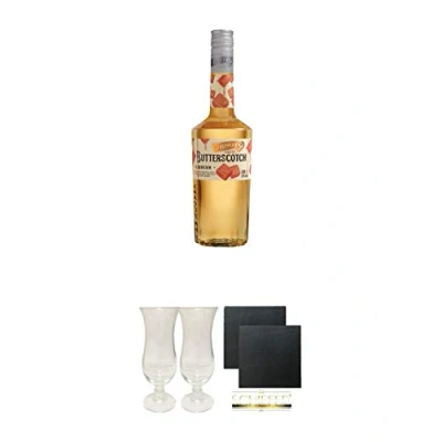 Abbildung von De Kuyper Butterscotch Likör 0,7 Liter + Cocktailglas 2 Stück Schiefer Glasuntersetzer eckig ca. 9,5 cm Ø