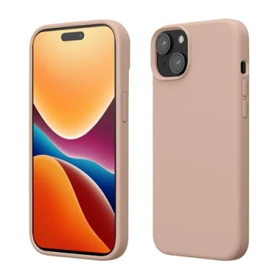 Abbildung von kwmobile Hülle für das iPhone 15 Silikon Handy Case stoßfeste Handyhülle mit weicher Oberfläche Altrosa