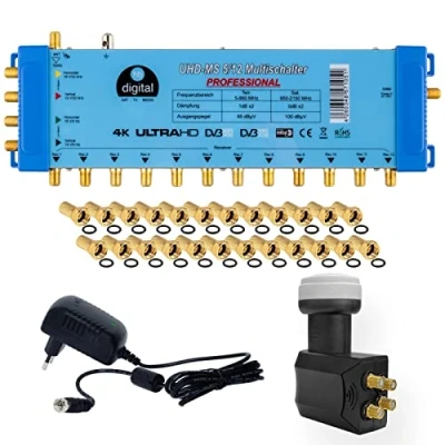 Abbildung von hb digital Multischalter pmse 5/12 für 1x SAT bis 12 x Teilnehmer/Receiver mit Netzteil + Quattro LNB Profi Full HDTV 3D 4K UHD 25 Vergoldete F Stecker Gummidichtung