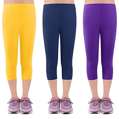 Abbildung von L&amp;K II Kinder Mädchen Leggings 3/4 Hose Capri aus Baumwolle Schulkleidung 122 128 2723 Gelb+Lila+Blau