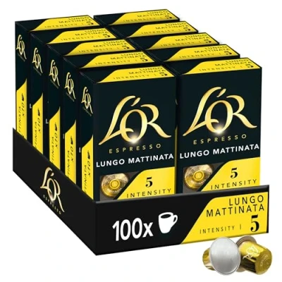 Abbildung von L&#039;OR Espresso Lungo Mattinata Intensität 5 Geschmacksrichtungen Schokolade und Zitrusfrüchte 10 Packungen mit je Aluminiumkapseln