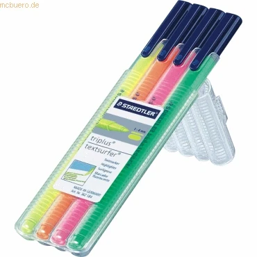 Abbildung von STAEDTLER Marker triplus® textsurfer® 4er Box 362 SB4 gelb orange rosa grün, Leuchtinte auf Wasserbasis