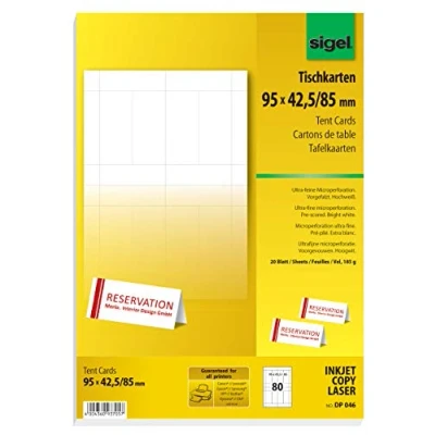 Abbildung von SIGEL DP046 bedruckbare Tischkarten weiß, 9,5 x 4,2 cm (auf A4), 80 Stück