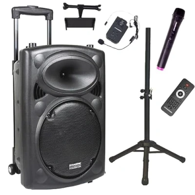 Abbildung von DYNASONIC DYNAPRO 12 Plus (Pack der 3ª Gen) Tragbarer Bluetooth Lautsprecher, leistungsstarker 700W 2 Karaoke Mikrofone, Tablet und Stativunterstützung, UHF