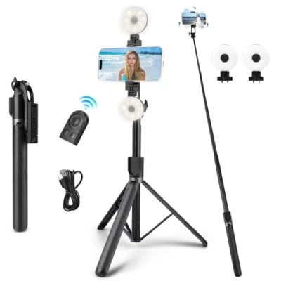Abbildung von Selfie Stick,Handy Stativ 180 cm,Stativ für Smartphones mit Faltbar und Drehbar 360, 2 Abnehmbares &amp; dimmbares Fülllicht,Selfie Stick Bluetooth Kompatibel iPhone Samsung Android