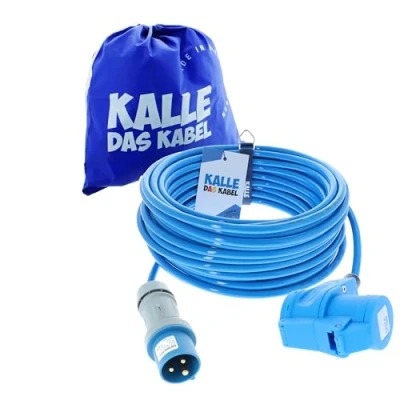 Abbildung von CEE Verlängerung 230V H07BQ F 3G 2,5 mm² 50 m Vollpur Premium Leitung mit Winkelkupplung von KALLE DAS KABEL für Industrie BAU Boot Womo Camping